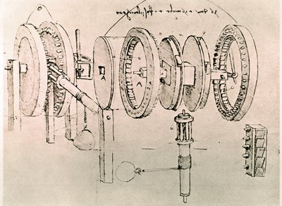 Fragment manuskryptu Da Vinci opisującego zasadę działania i konstrukcję "Transformacji ruchu zmiennego w ruch ciągły" (manuskrypt) autorstwa Leonardo da Vinci