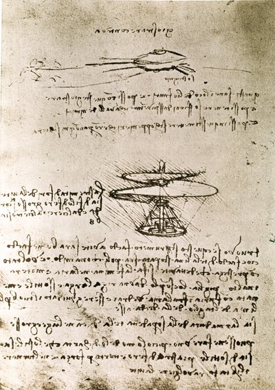 Fragment manuskryptu Da Vinci opisującego zasadę działania i budowę "śruby lotniczej (helikoptera)" (manuskrypt) autorstwa Leonardo da Vinci