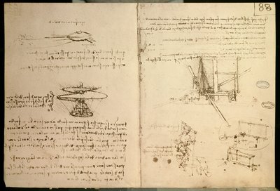 Maszyny latające, jeden z pierwszych rysunków przypominającej helikopter maszyny latającej, 1487 autorstwa Leonardo da Vinci