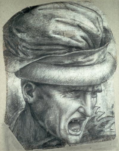 Głowa wojownika, kopia fragmentu „Bitwa pod Anghiari” (czarna kreda na papierze) autorstwa Leonardo da Vinci