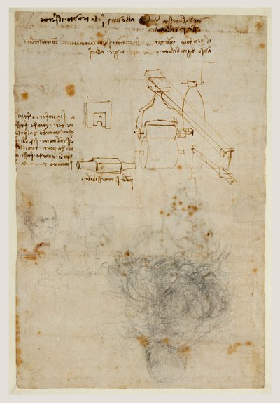 د زاړه سړي او د ماشینونو د مطالعاتو مشر، c.1503-06 (تور چاک، قلم او نسواري رنګ) پولی autorstwa Leonardo da Vinci