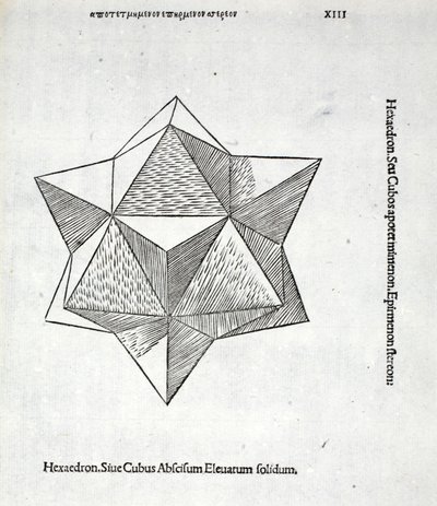 Heksaedron odciętej, podwyższonej bryły, ilustracja z „Boskiej proporcji” Luca Pacioli (ok. 1445-1517), pierwotnie wyd. Wenecja, 1509 autorstwa Leonardo da Vinci