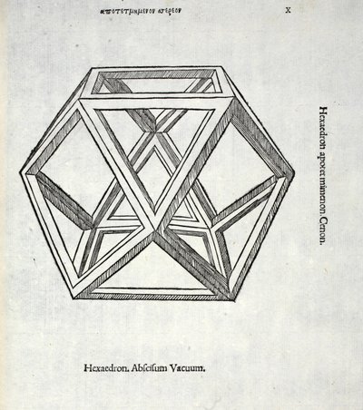 Hexaedron Abscissum Vacuum, ilustracja z „Divine Proportion” Luca Pacioli (ok. 1445-1517), pierwotnie wyd. Wenecja, 1509 autorstwa Leonardo da Vinci