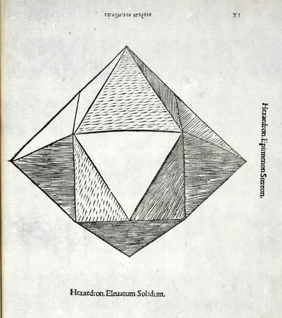 Hexaedron podwyższony solidus, ilustracja z „Boskiej proporcji” Luca Pacioli (ok. 1445-1517), pierwotnie wyd. Wenecja, 1509 autorstwa Leonardo da Vinci