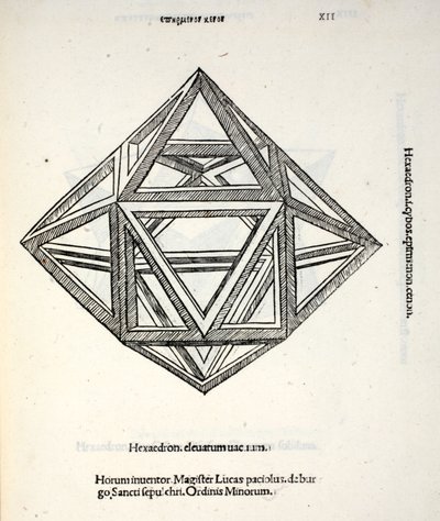Hexaedron podwyższona próżnia, ilustracja z „Divine Proportion” Luca Pacioli (c.1445-1517), pierwotnie wyd. Wenecja, 1509 autorstwa Leonardo da Vinci