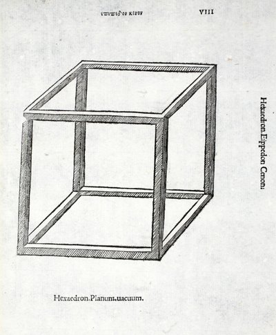 Sześcian w pełnej próżni, ilustracja z „Divine Proportion” Luca Pacioli (ok. 1445-1517), pierwotnie wyd. Wenecja, 1509 autorstwa Leonardo da Vinci