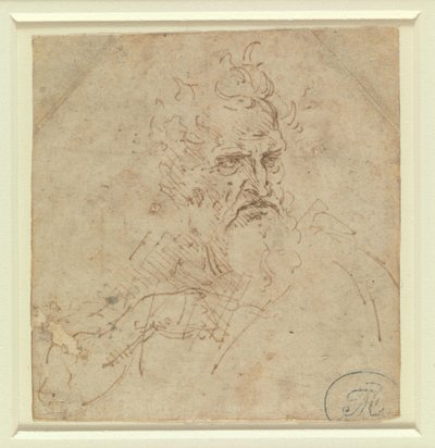 Głowa ponuro wyglądającego siwego starca z prawą ręką autorstwa Leonardo da Vinci