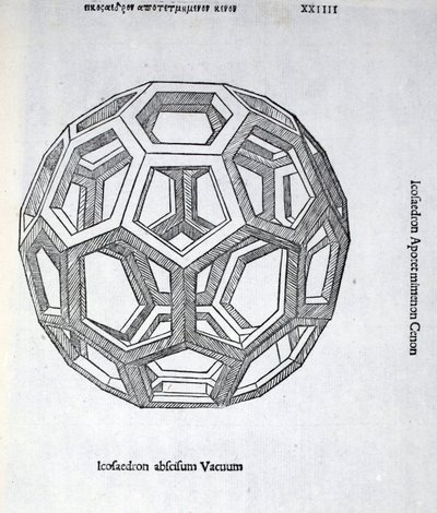 Pusty Ikosaedron, ilustracja z „Boskiej proporcji” Luca Pacioli (ok. 1445-1517), pierwotnie wyd. Wenecja, 1509 autorstwa Leonardo da Vinci