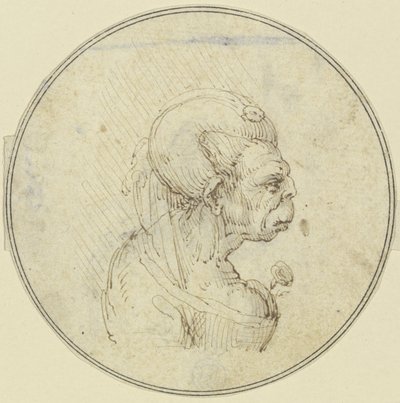 Karykatura starszej kobiety, portret od pasa w górę z różą przy piersi, widziana z profilu w prawo autorstwa Leonardo da Vinci