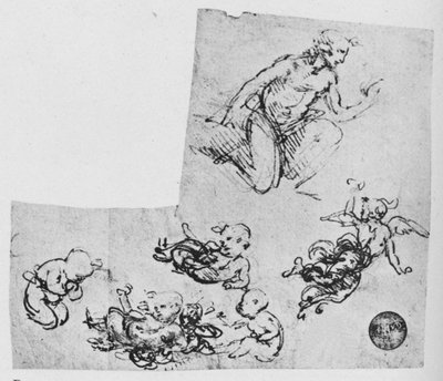 Klęcząca młodość i Putti, ok. 1480 1945 r. autorstwa Leonardo da Vinci
