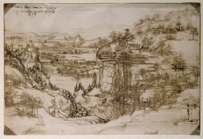 Krajobraz Santa Maria della Neve: krajobraz doliny Arno (rysunek ołówkiem) autorstwa Leonardo da Vinci