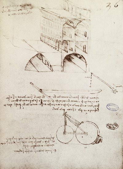 Rękopis B, f 36 r Studia architektoniczne, zagospodarowanie i przekroje budynków w mieście z podniesionymi ulicami (pióro i tusz na papierze) autorstwa Leonardo da Vinci