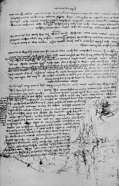 Strona tekstu ze szkicami krajobrazu, c1480 1945 autorstwa Leonardo da Vinci