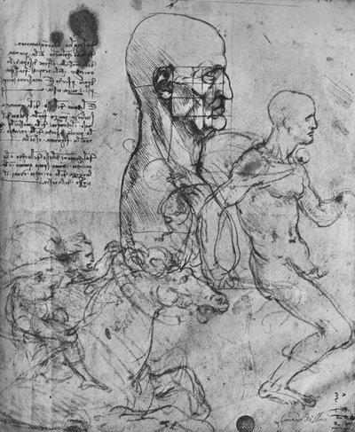 Profil człowieka dobranego do proporcji i badań nad jeźdźcami, ok. 1480 1945 r autorstwa Leonardo da Vinci
