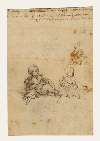 Szkice przedstawiające Dzieciątko Jezus z barankiem (strona przednia); głowa starego mężczyzny oraz szkice maszyn (strona tylna) autorstwa Leonardo da Vinci