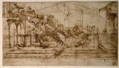 Studium Adoracji Trzech Króli (rysunek ołówkiem) autorstwa Leonardo da Vinci