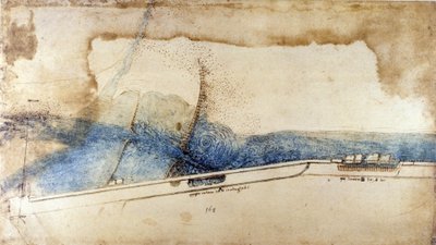 Studium wykorzystania siły wody w maszynach hydraulicznych (noria) Leonarda de Vinci (Leonardo da Vinci) (1452-1519). Rysowanie piórem i atramentem. autorstwa Leonardo da Vinci