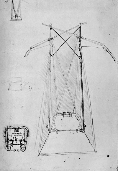 Studium aparatury napędowej maszyny latającej z planem podstawy mechanizmu podstawy, 1928 autorstwa Leonardo da Vinci