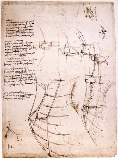 Studiuj na skrzydłach. Kodeks Atlantycki. Kodeks Atlantycki, Rysunek Leonarda de Vinci (Leonardo da Vinci) około 1499 r. autorstwa Leonardo da Vinci