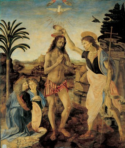 Chrzest Chrystusa około 1475 - 1478 autorstwa Andrea del Verrocchio (1436-1488) i Leonarda da Vinci (Leonard of Vinci) (1452-1516), olej i tempera na drewnie autorstwa Leonardo da Vinci
