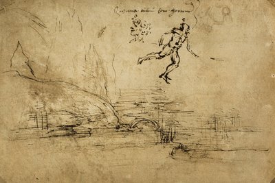 Tył pejzażu z postacią żołnierza: rysunek długopisem Leonarda da Vinci. Gabinet Rysunków i Grafiki, Galeria Uffizi, Florencja autorstwa Leonardo da Vinci