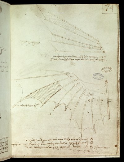 Skrzydło. Latająca maszyna rysunek. Rękopis Leonarda De Vinci (Leonardo da Vinci autorstwa Leonardo da Vinci