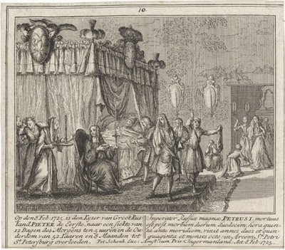 La mort de Pierre I le Grand, le 8 fevrier 1725 - Śmierć Piotra Wielkiego 8 lutego 1725 r. przez Schenka, Leonarda (1696-1767). Grawerowanie miedzi autorstwa Leonardus Schenk