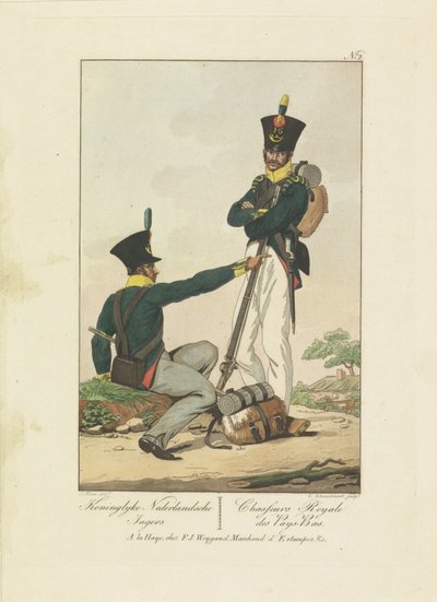 Dwóch Łowców, 1814-1818 Koninglyke Nederlandsche Jagers / Chasseurs Royale des Pays-Bas (tytuł na obiekcie) Siedem przedstawień mundurowych 1814-1818 (tytuł serialu) autorstwa Leonardus Schweickhardt