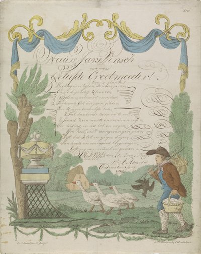 List życzeń z rolnikiem i jego gęsi autorstwa Leonardus Schweickhardt