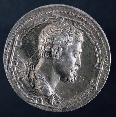 Rewers medalionu Andrei Dorii, przedstawiający artystę otoczonego kajdanami skazańca iz kambuzem w tle, ok. 1541 (srebro) (awers zob. 122337) autorstwa Leone Leoni
