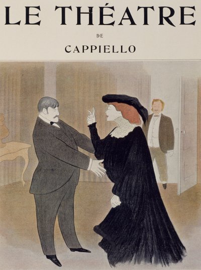 Aktorzy Lucien Quitry i Jane Harding w scenie z La Chatelaine, przedstawionej w Teatrze Renaissance w Paryżu, rysunek Leonetto Cappiello (1875-1942), strona tytułowa czasopisma Teatr, kwiecień 1903 autorstwa Leonetto Cappiello