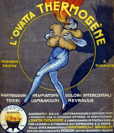 Reklama termogenicznej waty leczącej przeziębienia, bóle wewnętrzne, reumatyzm, kaszel, nerwobóle i lumbago. Rysunek L. Cappiello (1875 - 1942) Włochy, XX wiek. autorstwa Leonetto Cappiello