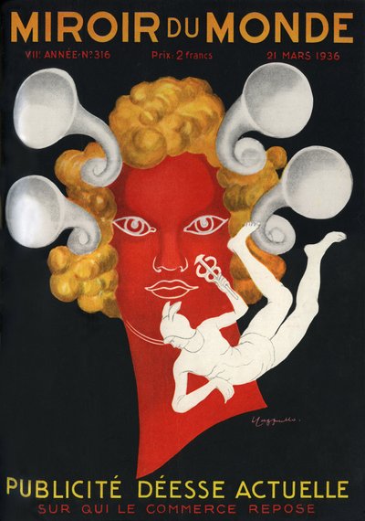 Alegoria Reklamy „Obecna Bogini, na której opiera się handel””, z Merkurym, bogiem podróżników i handlu. Okładka magazynu Mirror du monde nr 316, 21 marca autorstwa Leonetto Cappiello