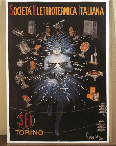 Kolorowa litografia Leonetto Cappiello, SEI, plakat reklamowy włoskiej firmy Electroheat autorstwa Leonetto Cappiello