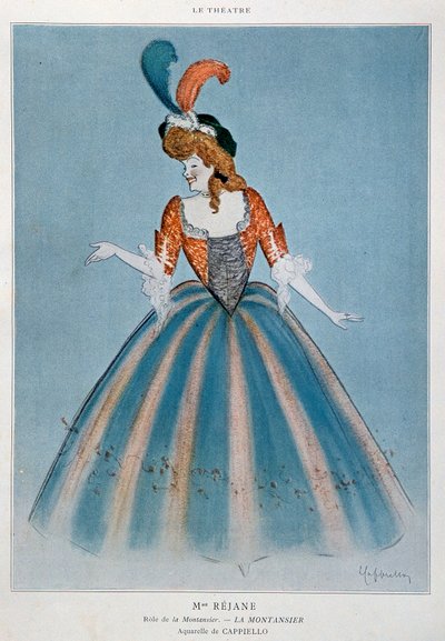 Komik Gabrielle Charlotte Reyu zwana Rejane (1856-1920) w roli Montansier. Akwarela Leonetto Cappiello (1875-1942) Paryż, sztuka dekoracyjna autorstwa Leonetto Cappiello