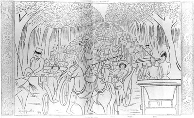 Gwiazdy estradowe, muzyczne i operowe epoki Belle Epoque, jeżdżące po Lasku Bulońskim, Avenue des Acacias, Paryż, humorystyczna karykatura z magazynu „Le Rire”, 1899 autorstwa Leonetto Cappiello