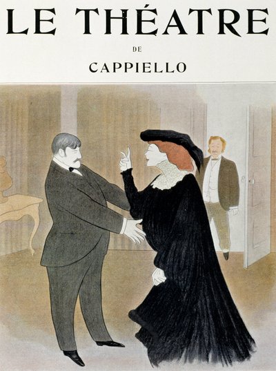 Aktorzy Lucien Guitry (1860-1925) i Jane Harding w scenie z La Chatelaine, wystawionej w Teatrze Renaissance w Paryżu - strona tytułowa czasopisma Teatr, kwiecień 1903, Paryż (druk) autorstwa Leonetto Cappiello