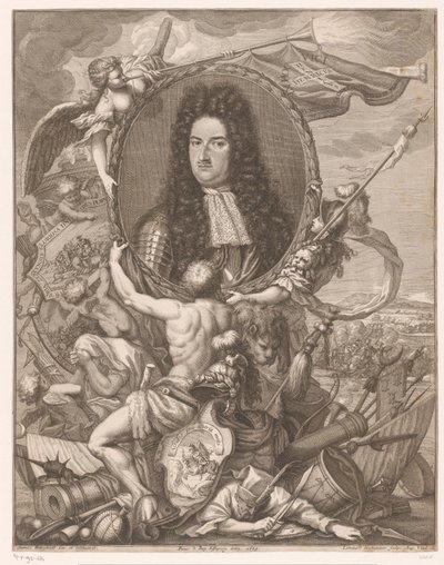 Portret Eugeniusza Sabaudzkiego niesiony przez alegoryczne postacie autorstwa Leonhard Heckenauer