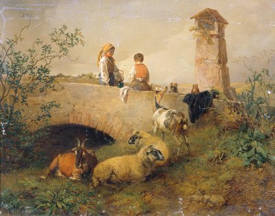 Chłopiec i dziewczynka z owcami i kozami autorstwa Leopold Brunner d. J.