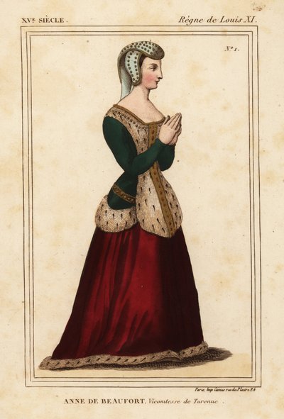 Anna Rogier de Beaufort, wicehrabina de Turenne 1435-1479. Litografia ręcznie kolorowana według okna ze szkła nierdzewnej w kościele Cordelieres de Nantes w tece Rogera de Gainieres VI 11 z Le Bibliophile Jacob aka Paula Lacroix