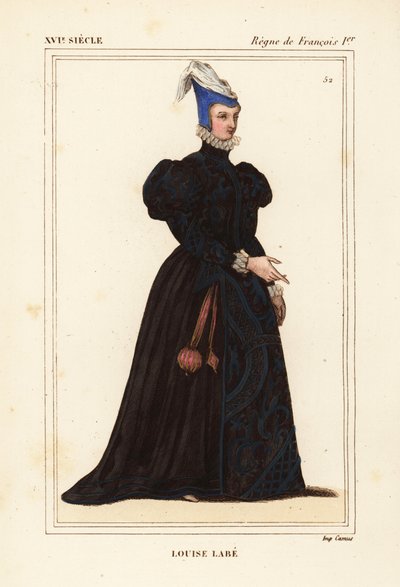 Louise Labe, La Belle Cordiere, francuska poetka w latach 1526-1566. Muzyk, jeździec, łucznik, szermierz i lingwista. Ręcznie kolorowana litografia według portretu w portfolio Rogera de Gaignieres VIII 82 z Le Bibliophile Jacob aka Paul Lacroix