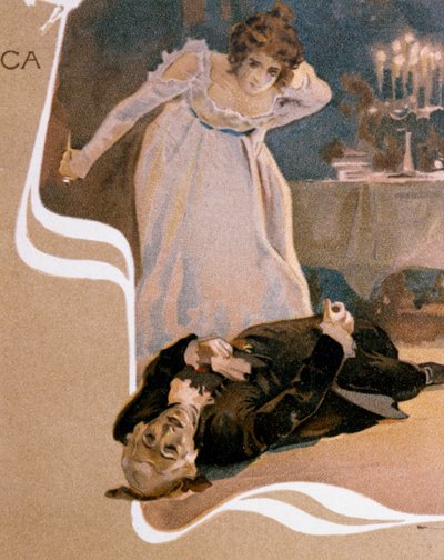 Pocztówka ilustrowana Leopoldo Metlicovitz (1868-1944) przedstawiająca sceny z Toski, opera Giacomo Pucciniego (1858-1924) autorstwa Leopoldo Metlicovitz