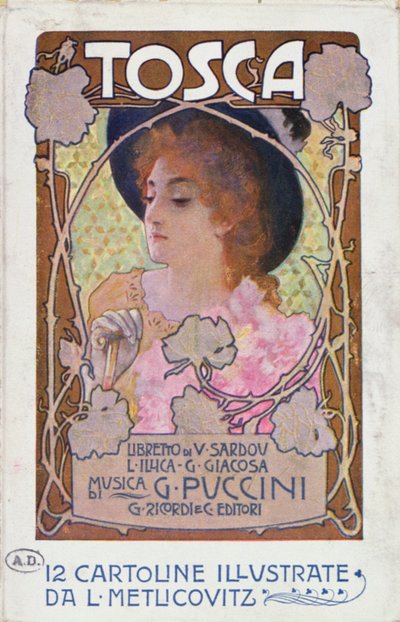 Strona tytułowa karty partytury do opery Tosca Pucciniego, ok. 1910 (litografia kolorowa) autorstwa Leopoldo Metlicovitz