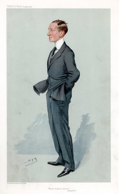 Guglielmo Marconi, włoski fizyk i wynalazca oraz pionier telegrafii bezprzewodowej autorstwa Leslie Matthew Ward