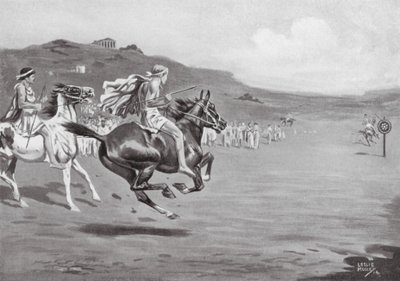 Greccy jeźdźcy rzucający oszczepem (litografia) autorstwa Leslie Mosley