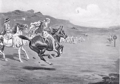 Jeźdźcy greccy rzucający oszczepem, ilustracja z „Historii Narodów Hutchinsona”, 1915 autorstwa Leslie Mosley