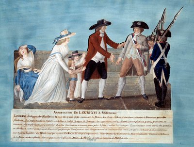 Aresztowanie Ludwika XVI w Varennes w dniu 22 czerwca 1791 Gwasz des freres Lesueur (XVIII w.) 1791. Paryż, Musee Carnavalet autorstwa Lesueur Brothers