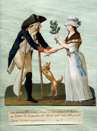 Rewolucja Francuska: „”młoda dziewczyna odnajduje obiecane rany po wojnie i dotrzymuje obietnicy poślubienia jej”” Gouache des brothers Lesueur (XVIII wiek). Paryskie Muzeum Carnavalet autorstwa Lesueur Brothers
