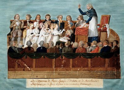 Rewolucja Francuska: „”obywatele Paryża ofiarowują swoją biżuterię na Konwent Narodowy”” Illustration des Freres Lesueur (XVIII wiek). 1792-1795. Paryż, musee Carnavalet - Rewolucja angielska - Mieszkańcy Paryża ofiarowują swoją biżuterię Nati autorstwa Lesueur Brothers