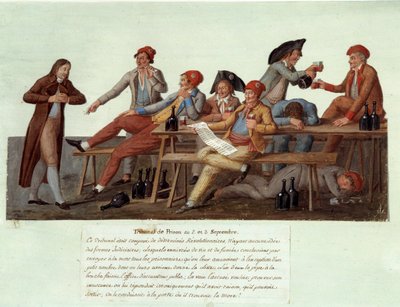 Rewolucja Francuska 1789 r.: „Sąd więzienny 2 i 3 września” Satyryczne przedstawienie sądu rewolucyjnego, członkowie nie mają jurysdykcji w sprawach wymiaru sprawiedliwości i sądzą przez picie wina i palenie. Gwasz des freres Lesueur autorstwa Lesueur Brothers